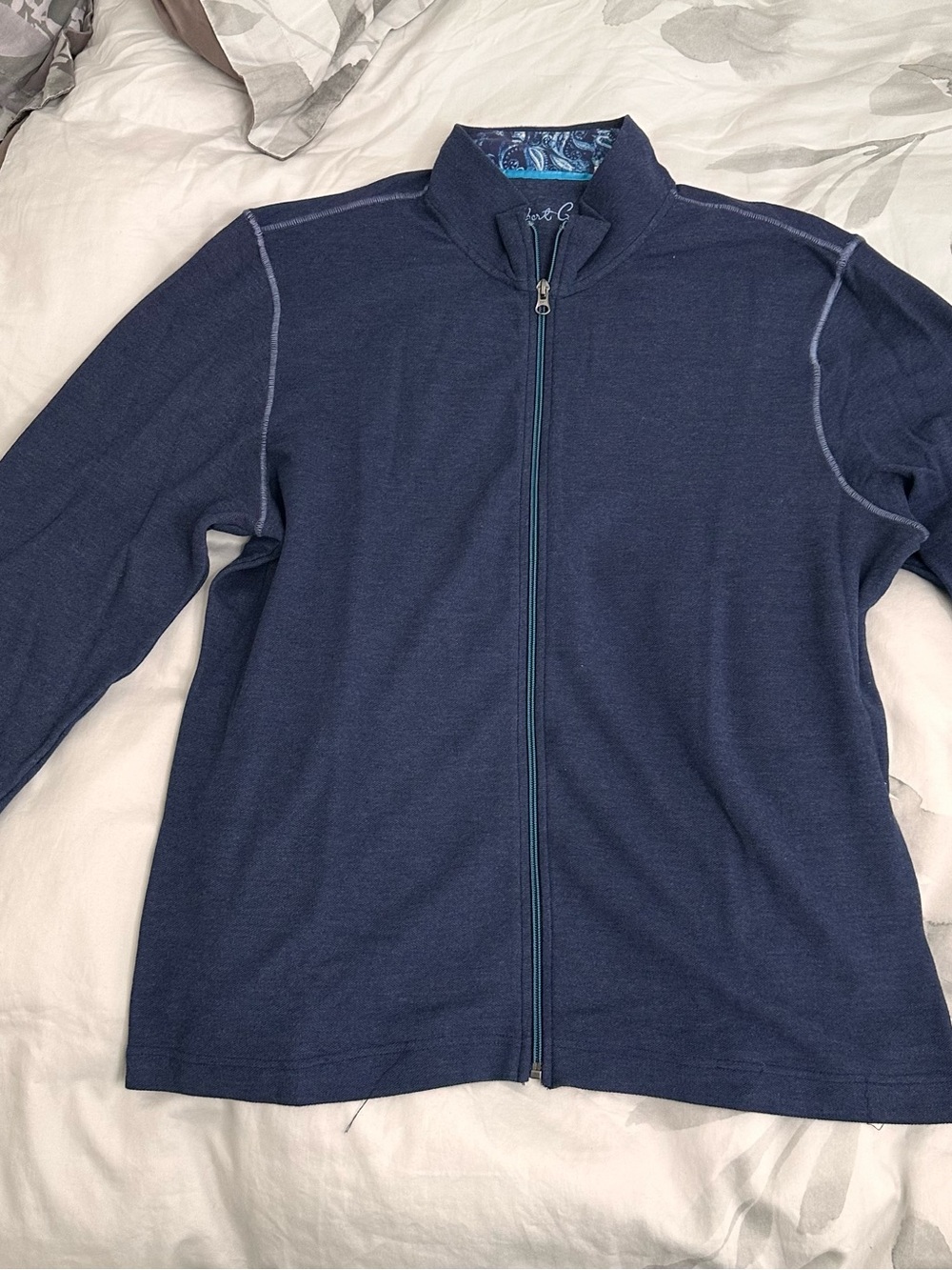 Robert Graham Men’s Full Zip Knit Jacket XL Heather Navy Paisley Trim Classic Fi